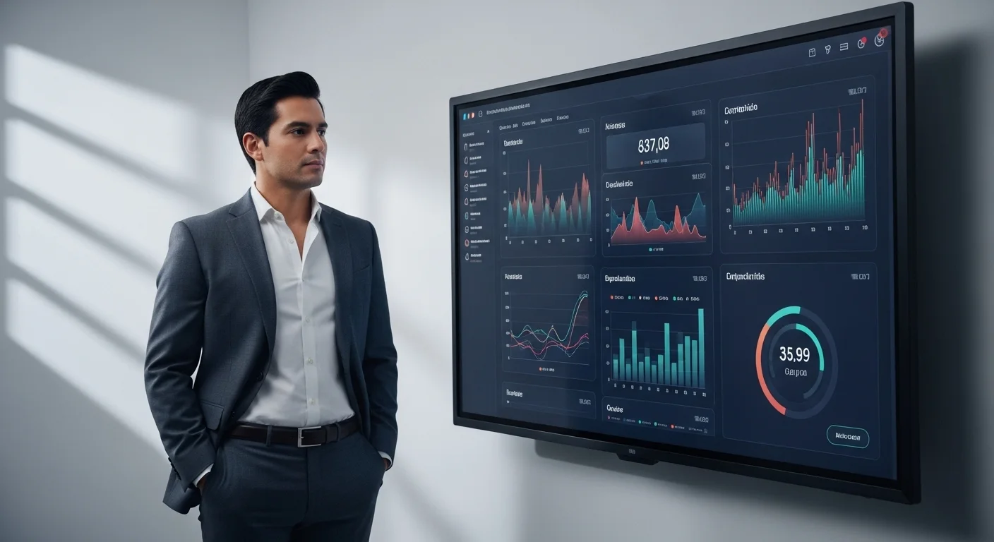 Una imagen conceptual que muestra a un emprendedor mexicano frente a una pantalla con gráficos de crecimiento, simbolizando el éxito a través de la digitalización y las startups.