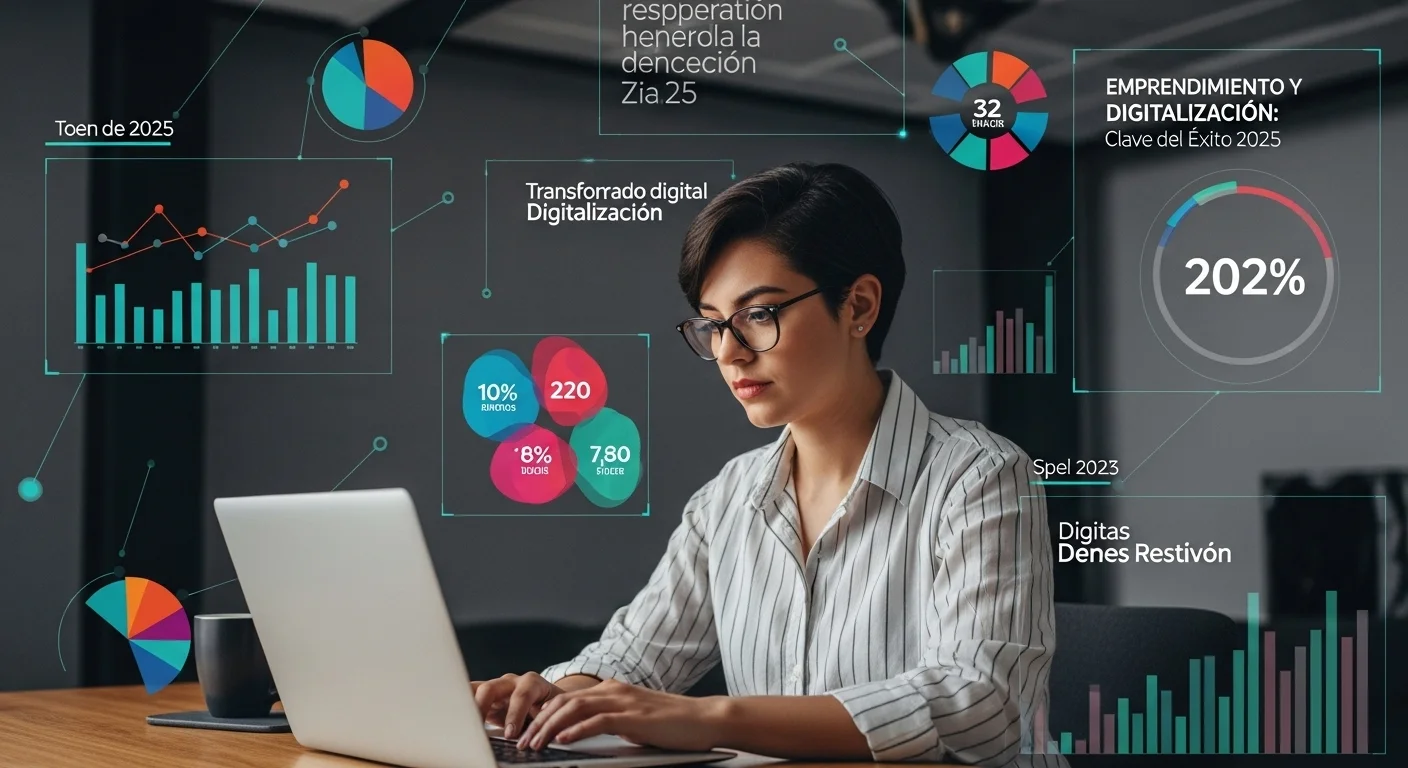 Emprendedor trabajando en laptop, simbolizando la digitalizacion y el emprendimiento en México con gráficos de datos al fondo.