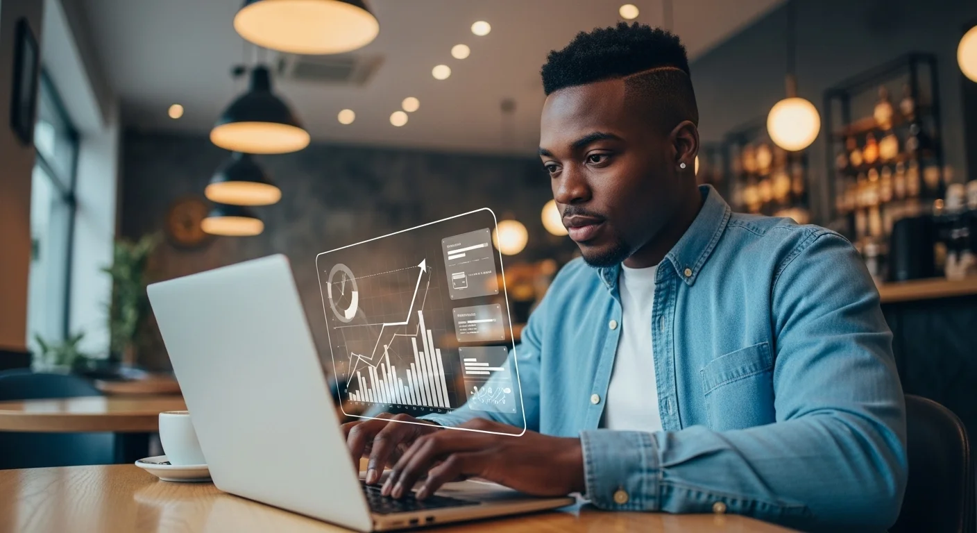 Una persona trabajando en su laptop en un café, planificando su emprendimiento para generar dinero extra, con gráficos de crecimiento superpuestos.
