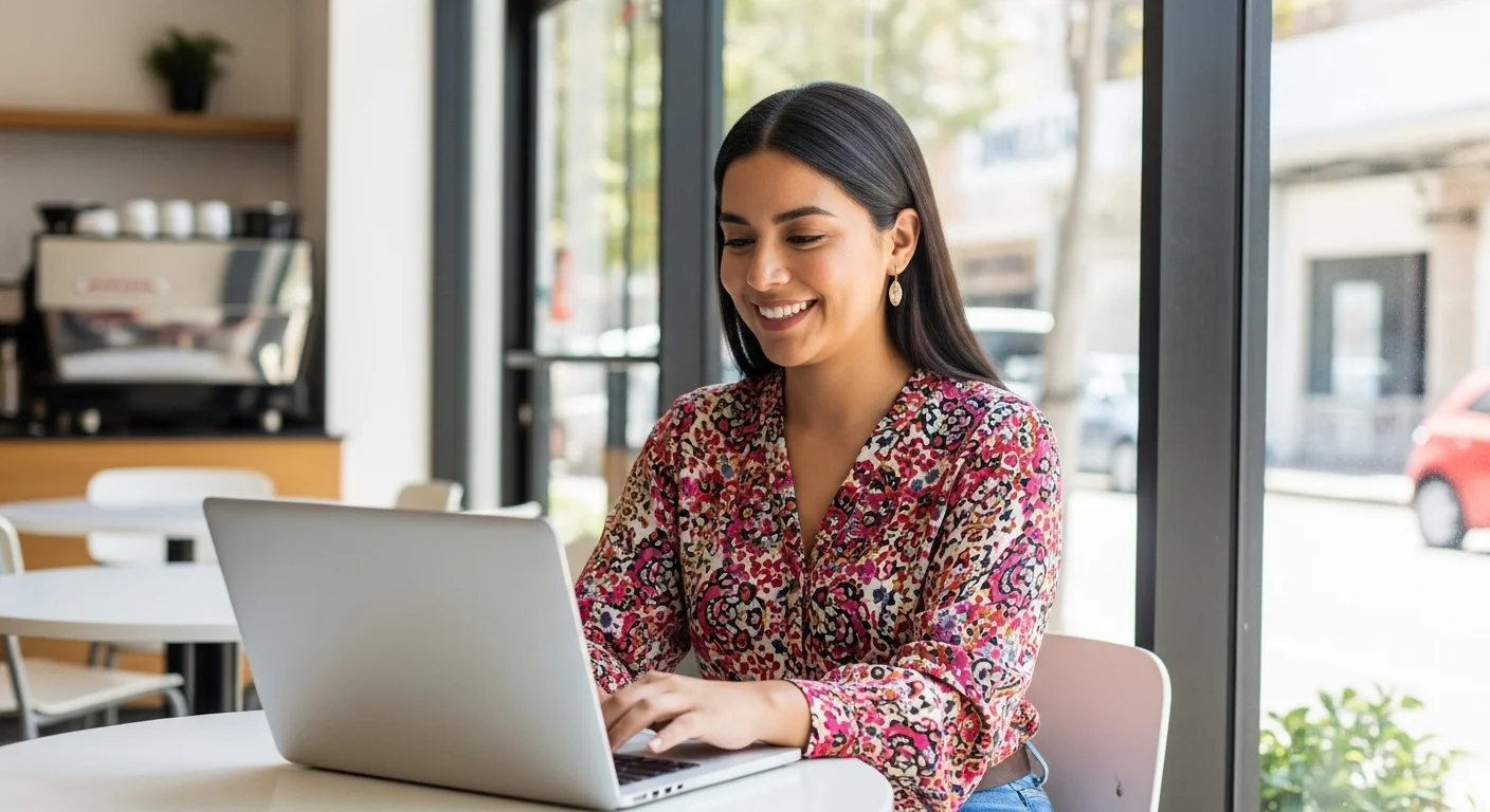 Emprendedora mexicana trabajando en su laptop en un café moderno, ilustrando las formas de ganar dinero por internet.