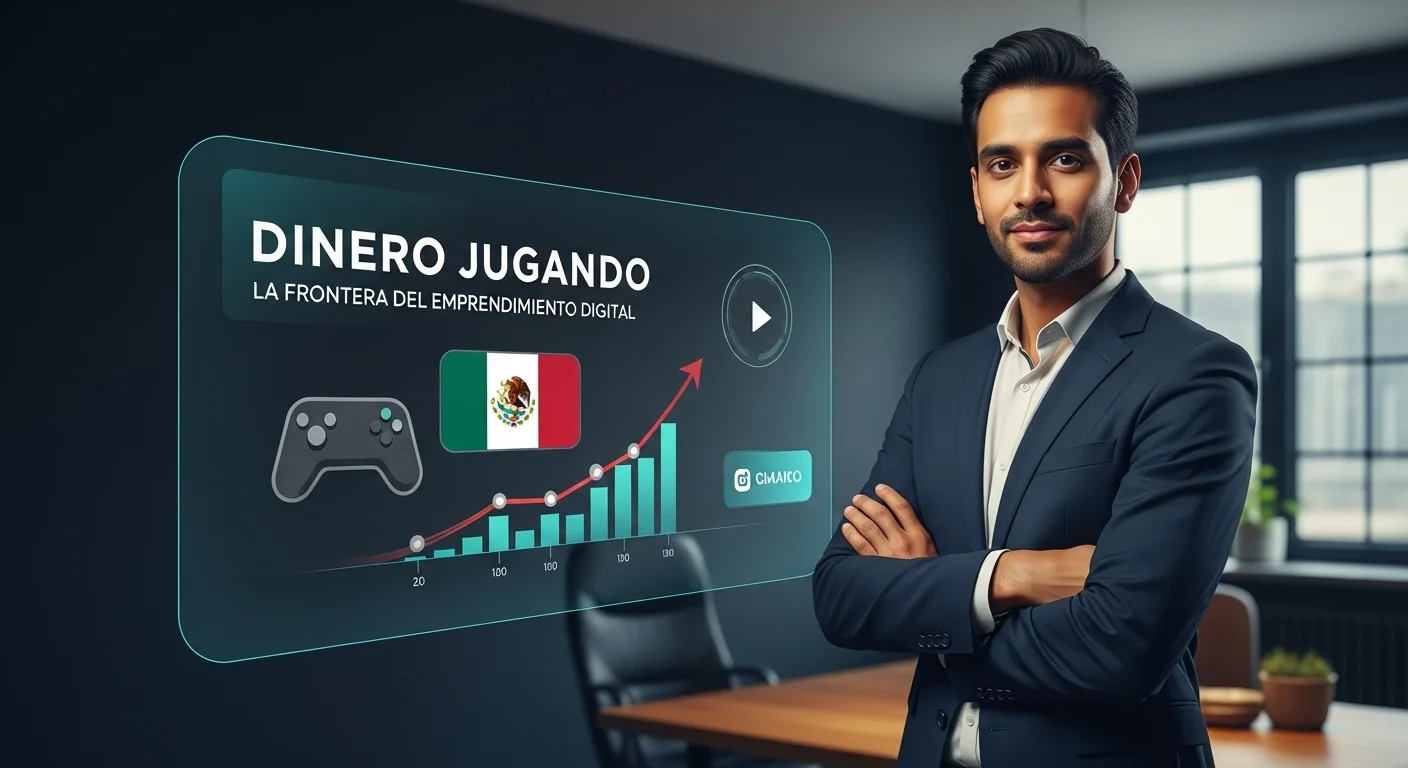 Visualización conceptual de un emprendedor frente a gráficos de crecimiento de una startup de videojuegos con el logo de México, simbolizando el emprendimiento en 'dinero jugando'.