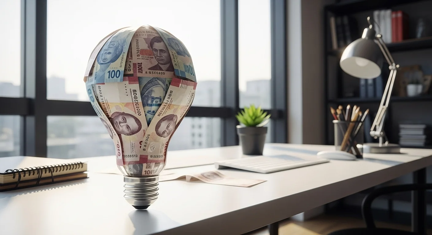 Una bombilla de luz hecha de billetes sobre un escritorio de trabajo, simbolizando la idea de generar dinero rápido a través del emprendimiento y las startups en México.