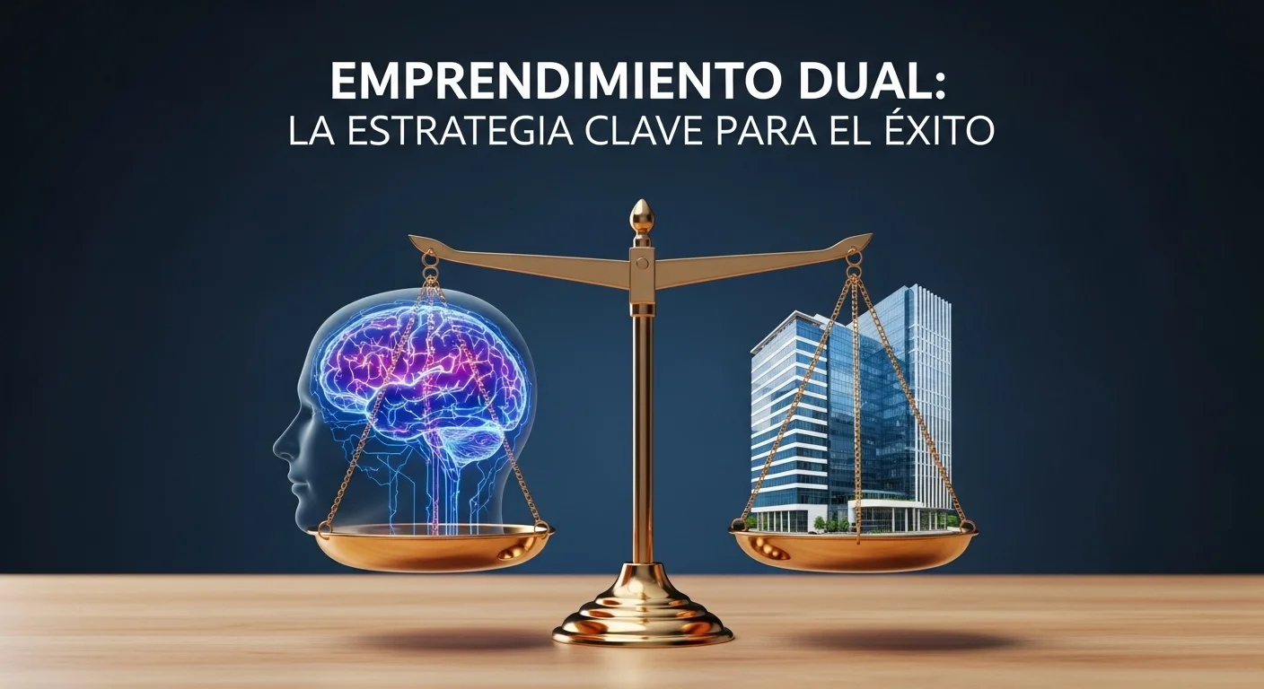 Una balanza equilibrando un cerebro y un edificio de oficinas, simbolizando el emprendimiento dual y el equilibrio entre la salud del fundador y el éxito del negocio.