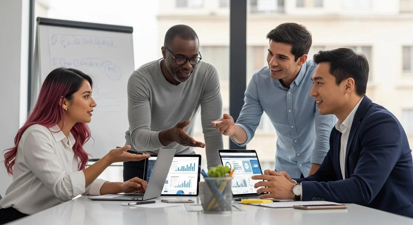 Equipo de una startup mexicana diversa colaborando en una oficina moderna, representando el emprendimiento económico en México.