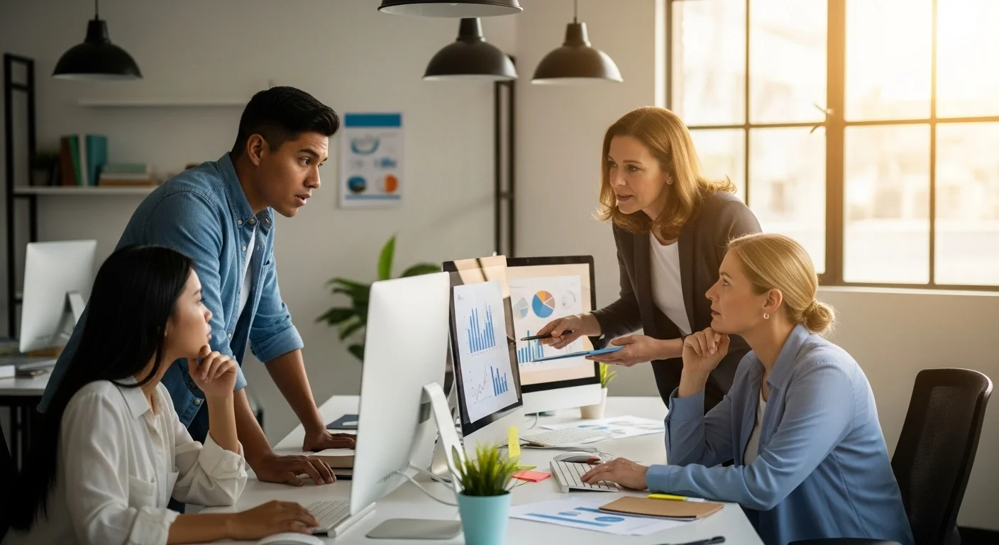 Equipo de emprendedores en una startup mexicana colaborando en su oficina, discutiendo sobre el crecimiento de su empresa.