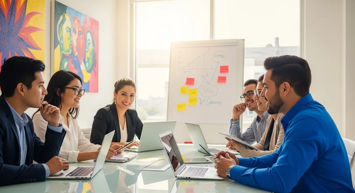 Equipo de una startup mexicana colaborando en una oficina moderna, discutiendo sobre emprendimiento y estrategia empresarial digital.