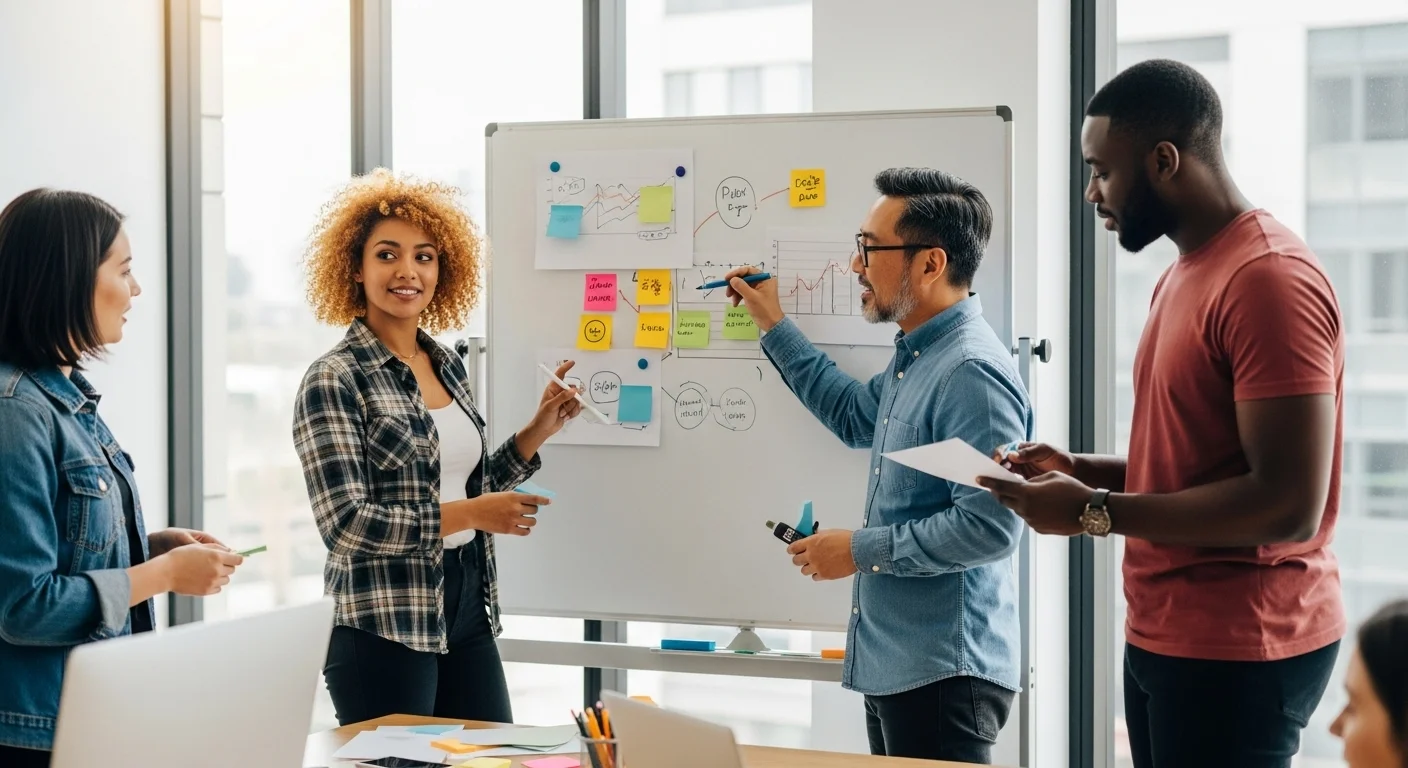 Un grupo diverso de emprendedores colaborando en una oficina moderna en México, planificando un proyecto de emprendimiento empresarial en una pizarra.