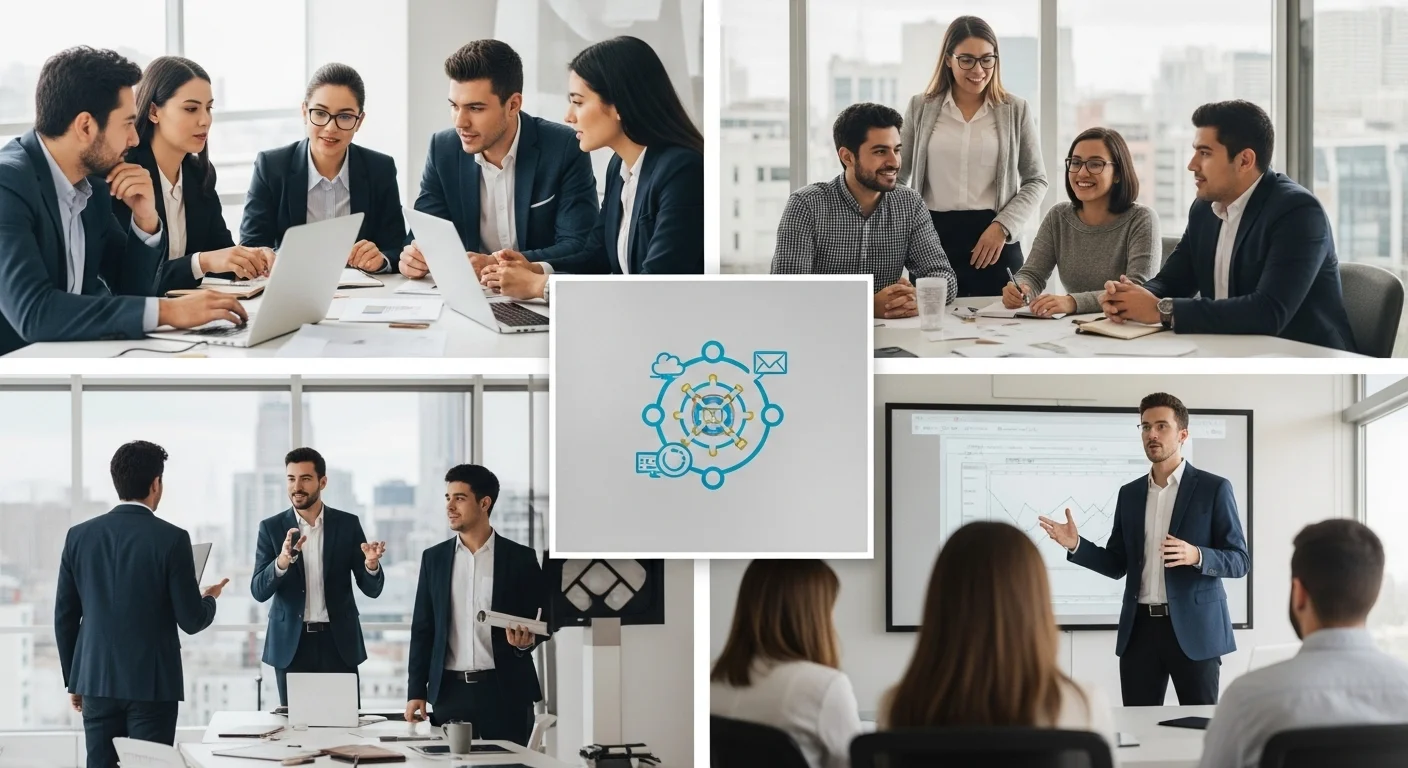 Collage de imágenes que representa el emprendimiento empresarial en México, con startups, reuniones de equipo y símbolos de innovación.