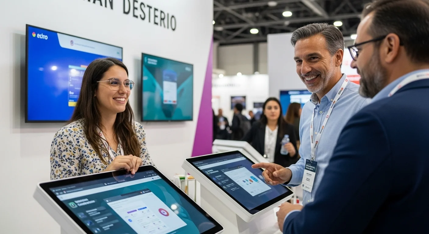 Emprendedores presentando su startup de tecnología en un stand moderno durante una expo de innovación