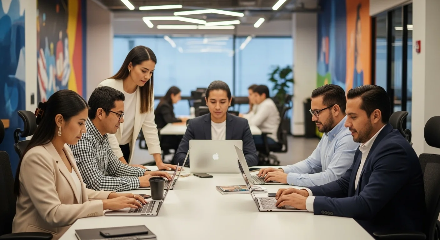 Una imagen que muestra a un grupo diverso de emprendedores mexicanos colaborando en un espacio de trabajo moderno, simbolizando el ecosistema de startups y el emprendimiento.