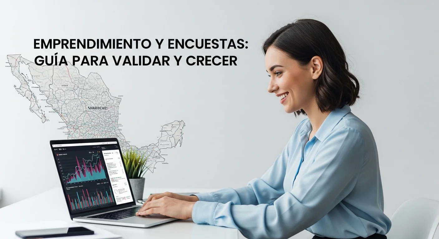 Una emprendedora analizando gráficos de datos de una encuesta en su laptop, con un mapa de México de fondo simbolizando la investigación de mercado.