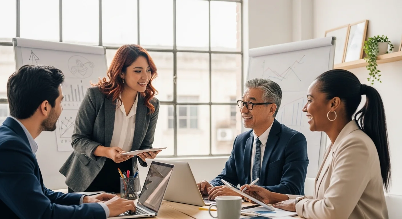 Un grupo diverso de emprendedores colaborando en una oficina moderna, simbolizando el emprendimiento y el éxito de las startups en México.