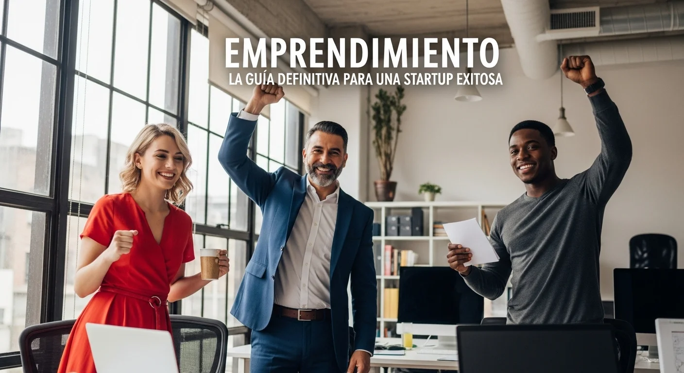 Equipo de emprendedores celebrando el éxito en una oficina moderna, simbolizando un emprendimiento exitosa en México.