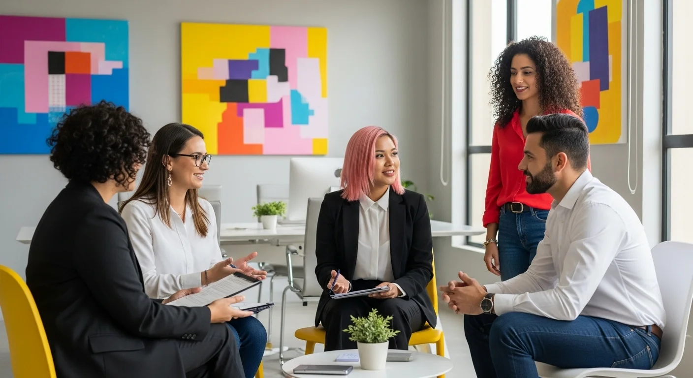 Equipo multicultural de emprendedores en una reunión de startup en una oficina moderna en México, discutiendo sobre emprendimiento para extranjeros.