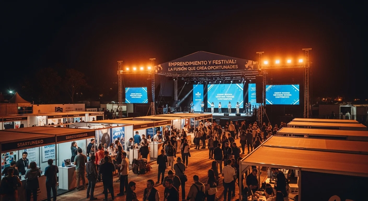 Escenario de un festival iluminado por la noche, simbolizando la oportunidad para el emprendimiento y las startups en la industria del entretenimiento.