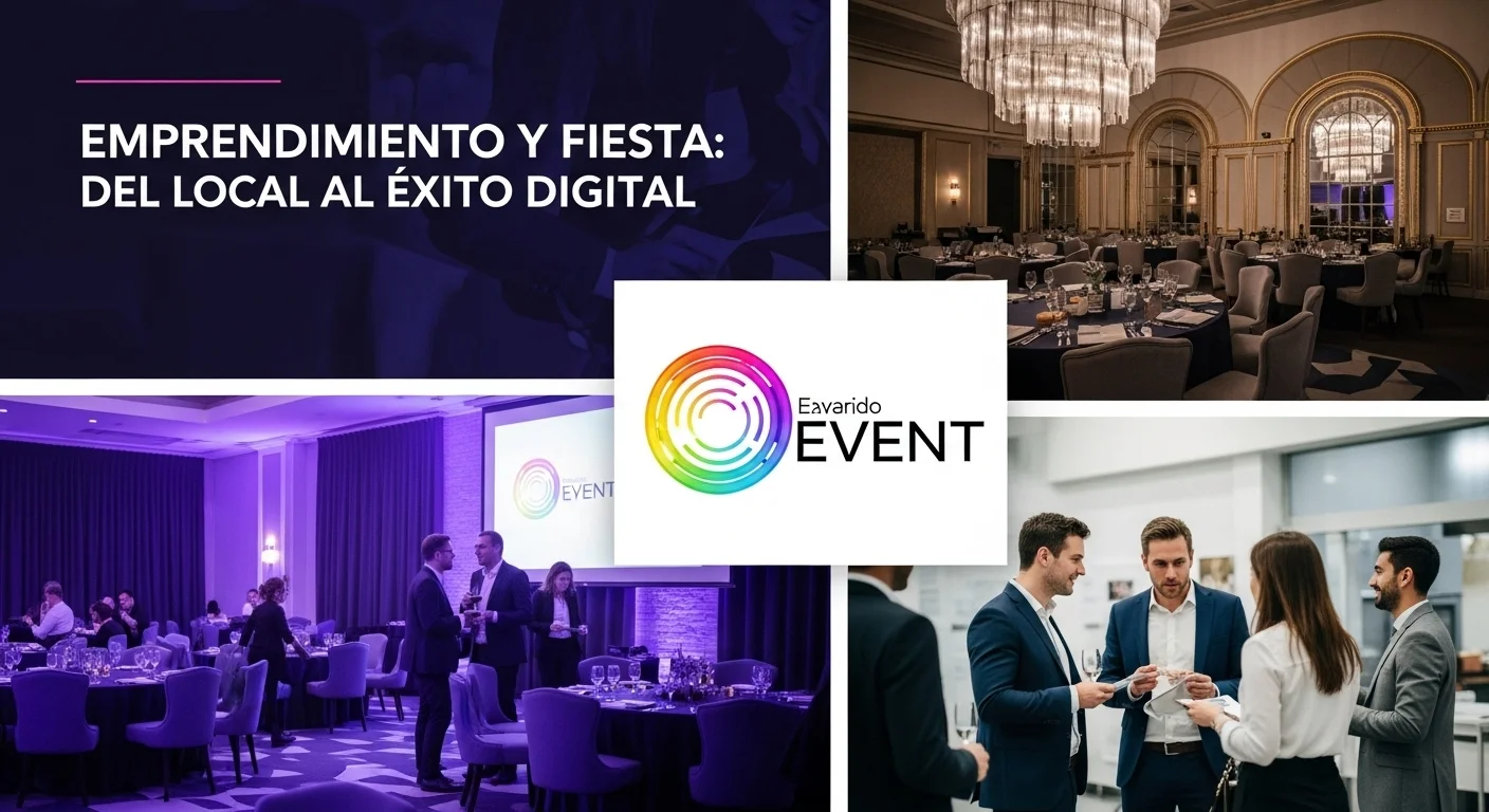 Collage de imágenes que muestran un local para fiestas elegante, un evento de networking de startups y el logo de una empresa de eventos.