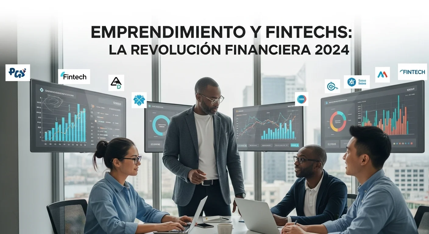 Imagen mostrando a un grupo de emprendedores colaborando en una oficina moderna, con gráficos de crecimiento financiero y logos de Fintechs en el fondo, simbolizando el auge del emprendimiento y las startups Fintech.