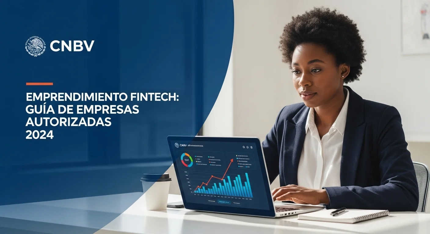 Una persona emprendedora utilizando una laptop que muestra gráficos de crecimiento del sector fintech en México, con el logo de la CNBV de fondo.