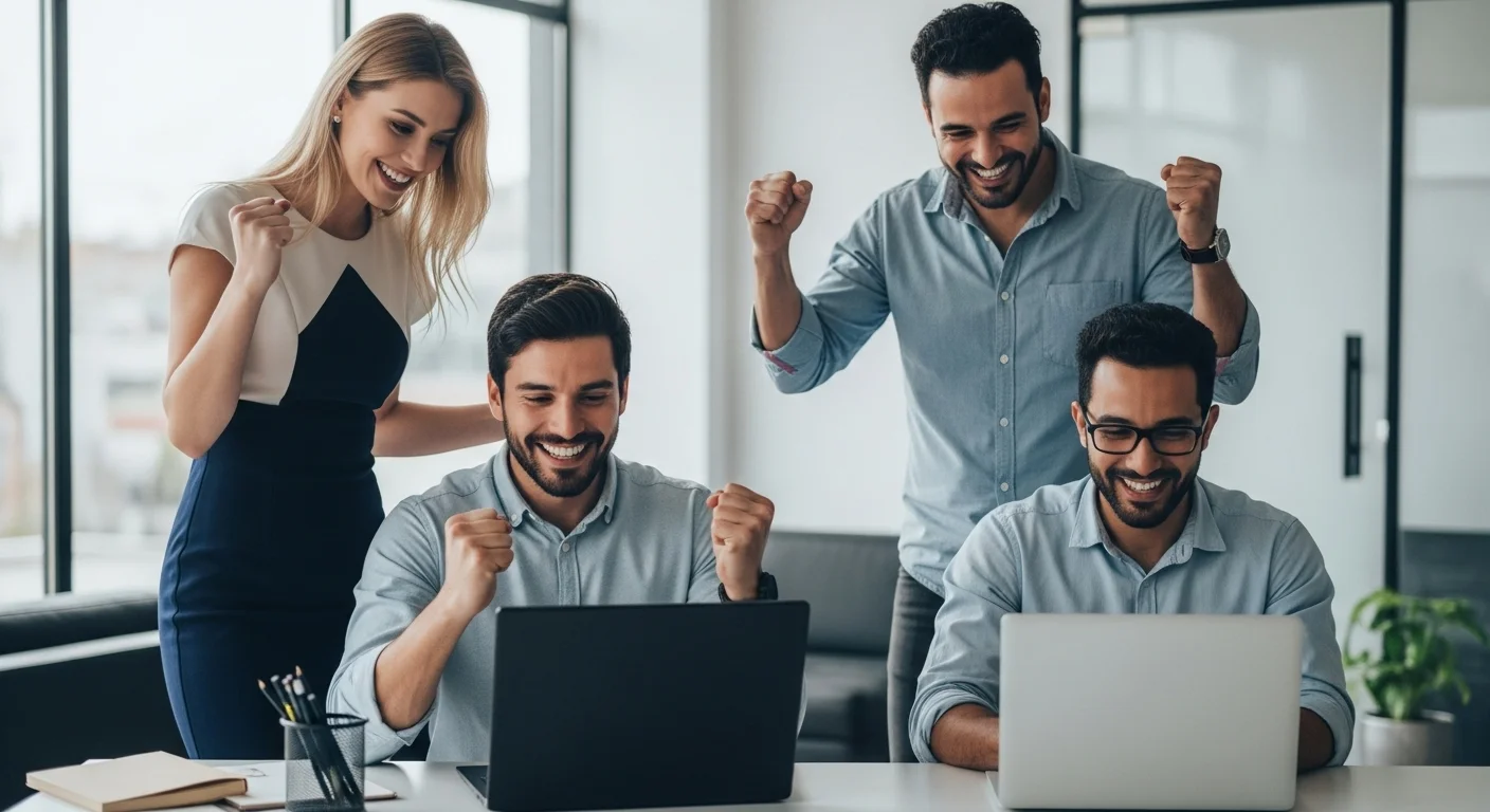 Imagen de un equipo de emprendedores en una startup Fintech trabajando en sus computadoras, celebrando el lanzamiento de su aplicación en México.