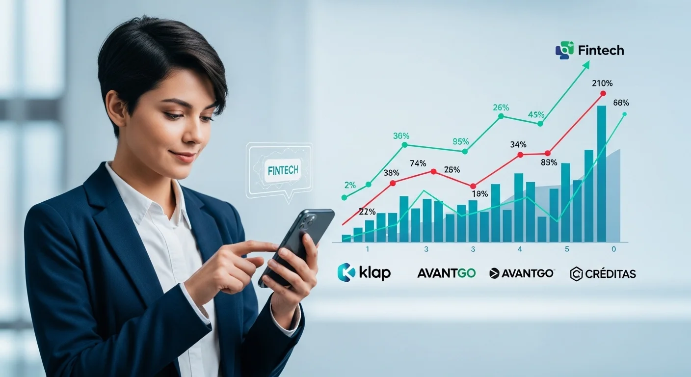 Una persona utilizando una aplicación de Fintech en su smartphone para realizar una transacción, con gráficos de crecimiento económico y logos de startups mexicanas en el fondo.