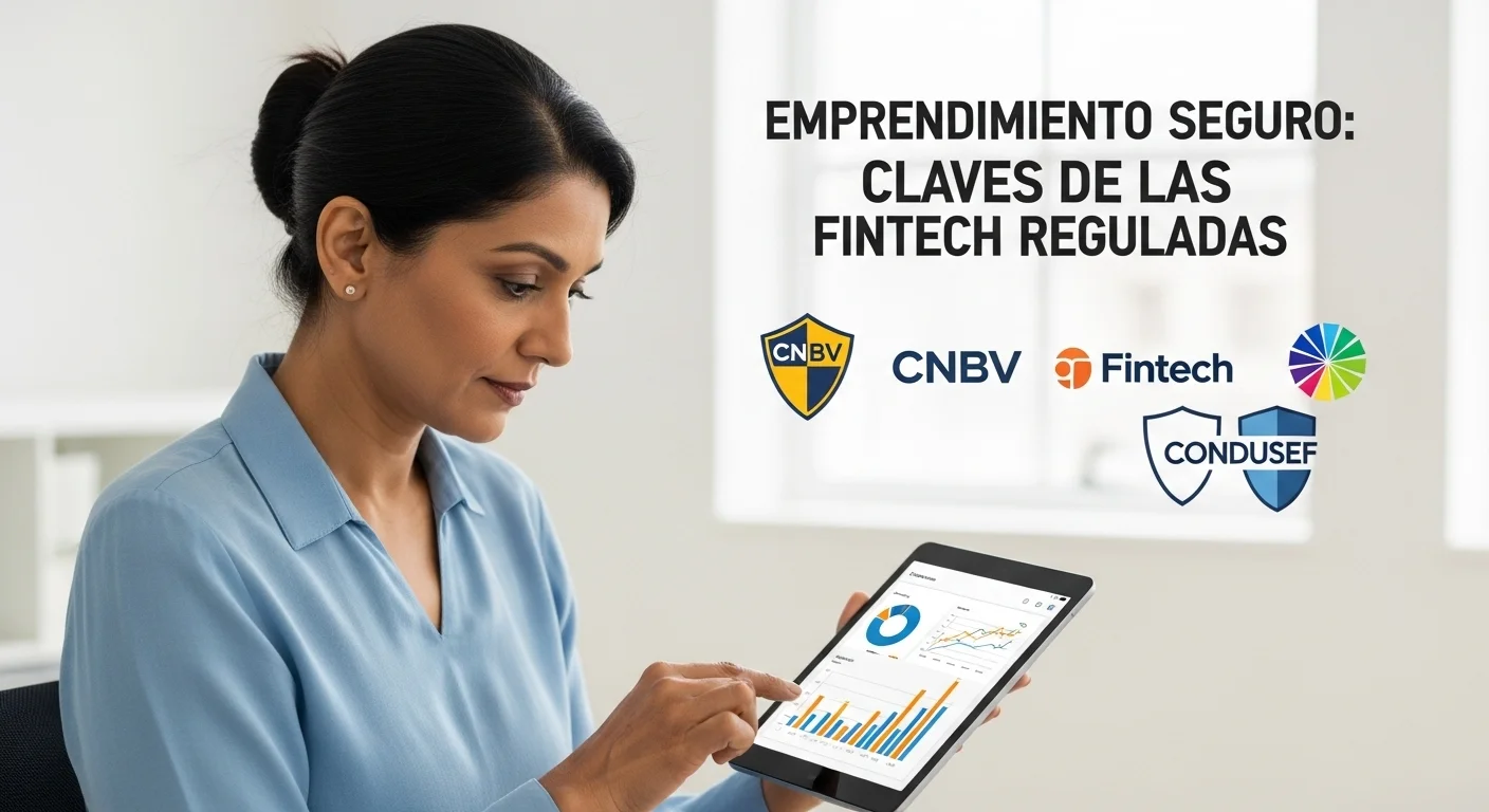 Emprendedor analizando gráficas de crecimiento en una tablet, con logos de fintech reguladas y escudos de CNBV y CONDUSEF al fondo.
