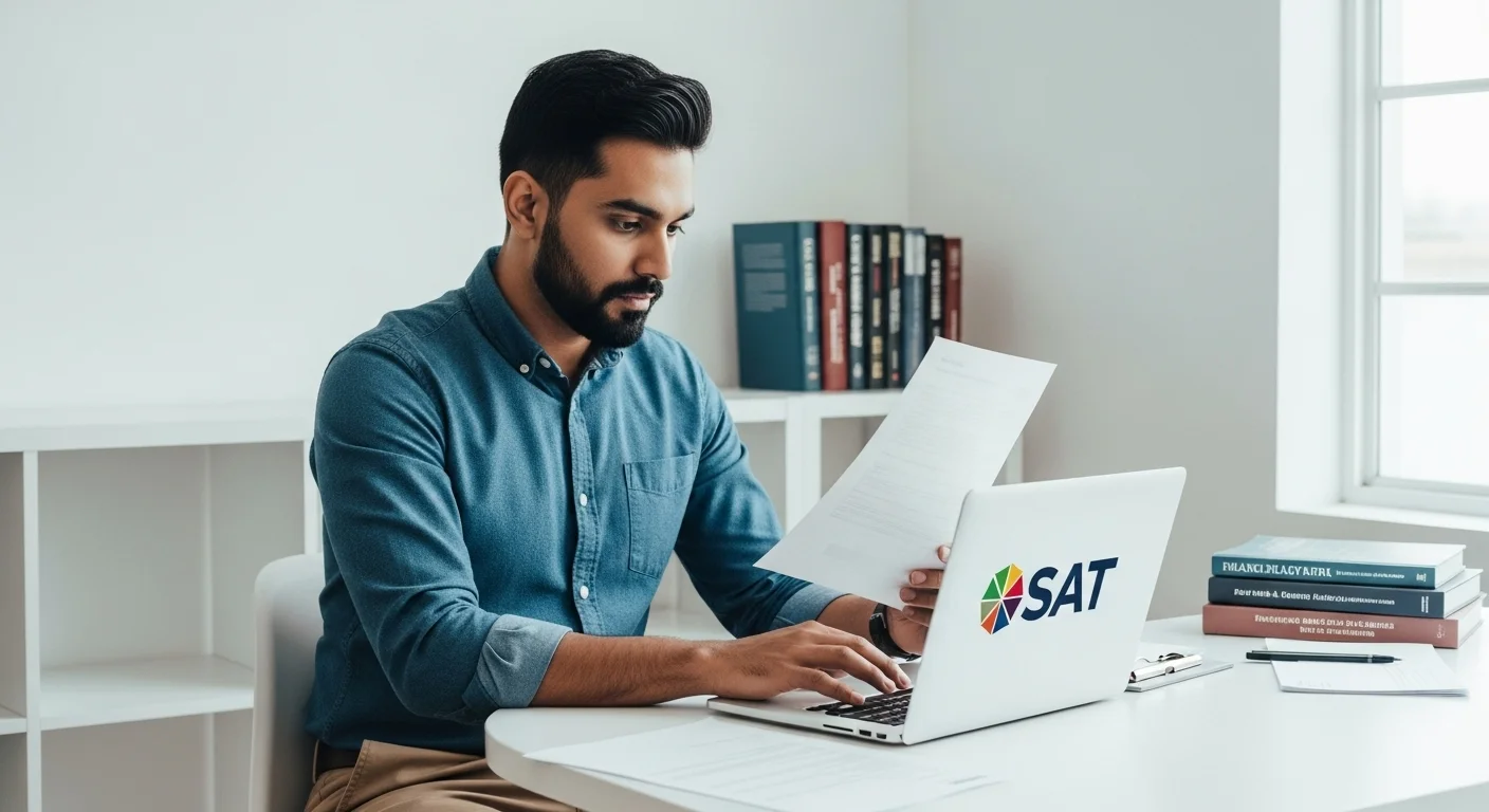 Emprendedor revisando documentos fiscales con una laptop que muestra el logo del SAT, simbolizando la preparación para el Sii Renta en México.