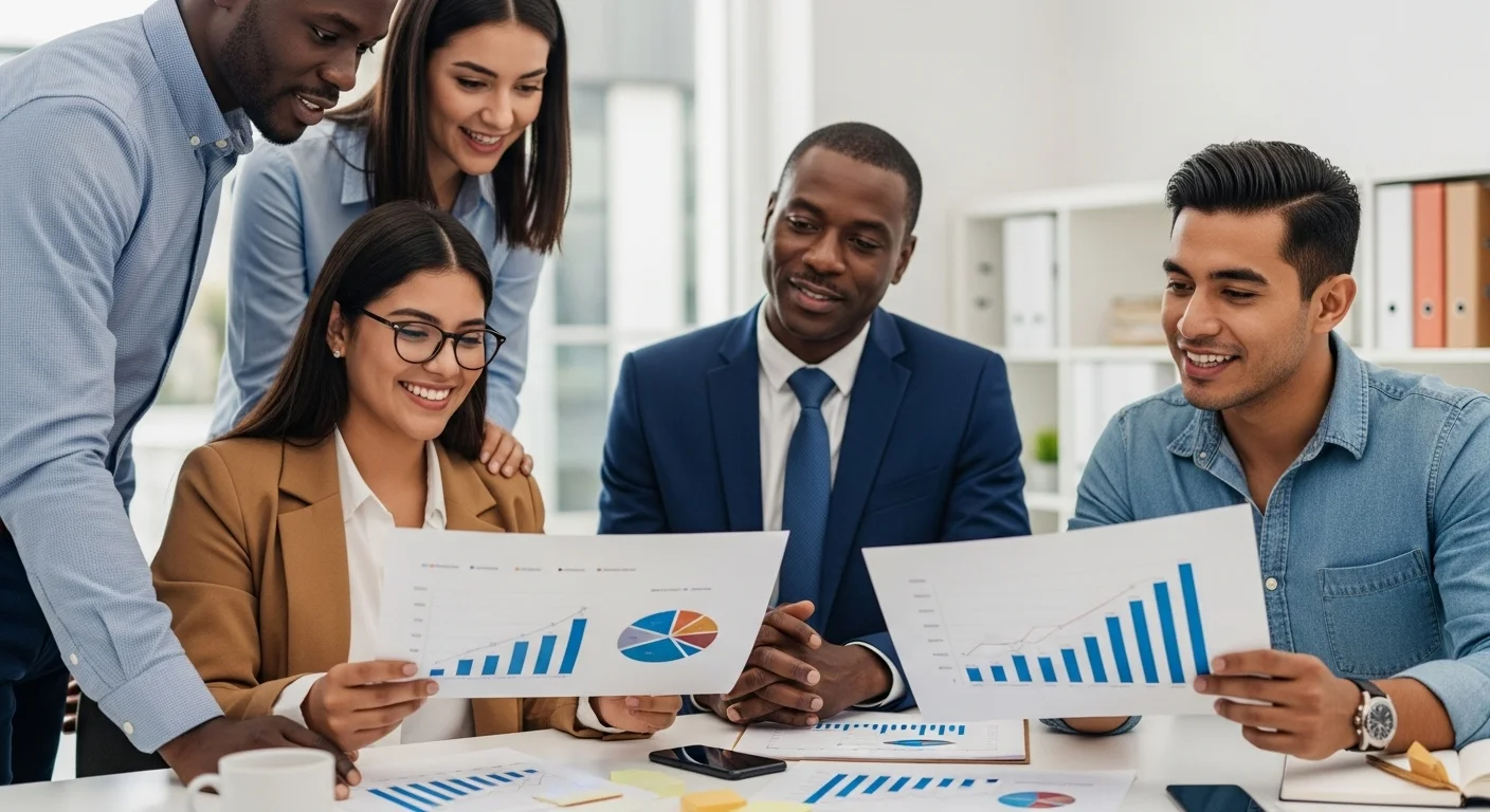 Emprendedores en una reunión de negocios analizando gráficos de crecimiento para su emprendimiento con franquicias en México.