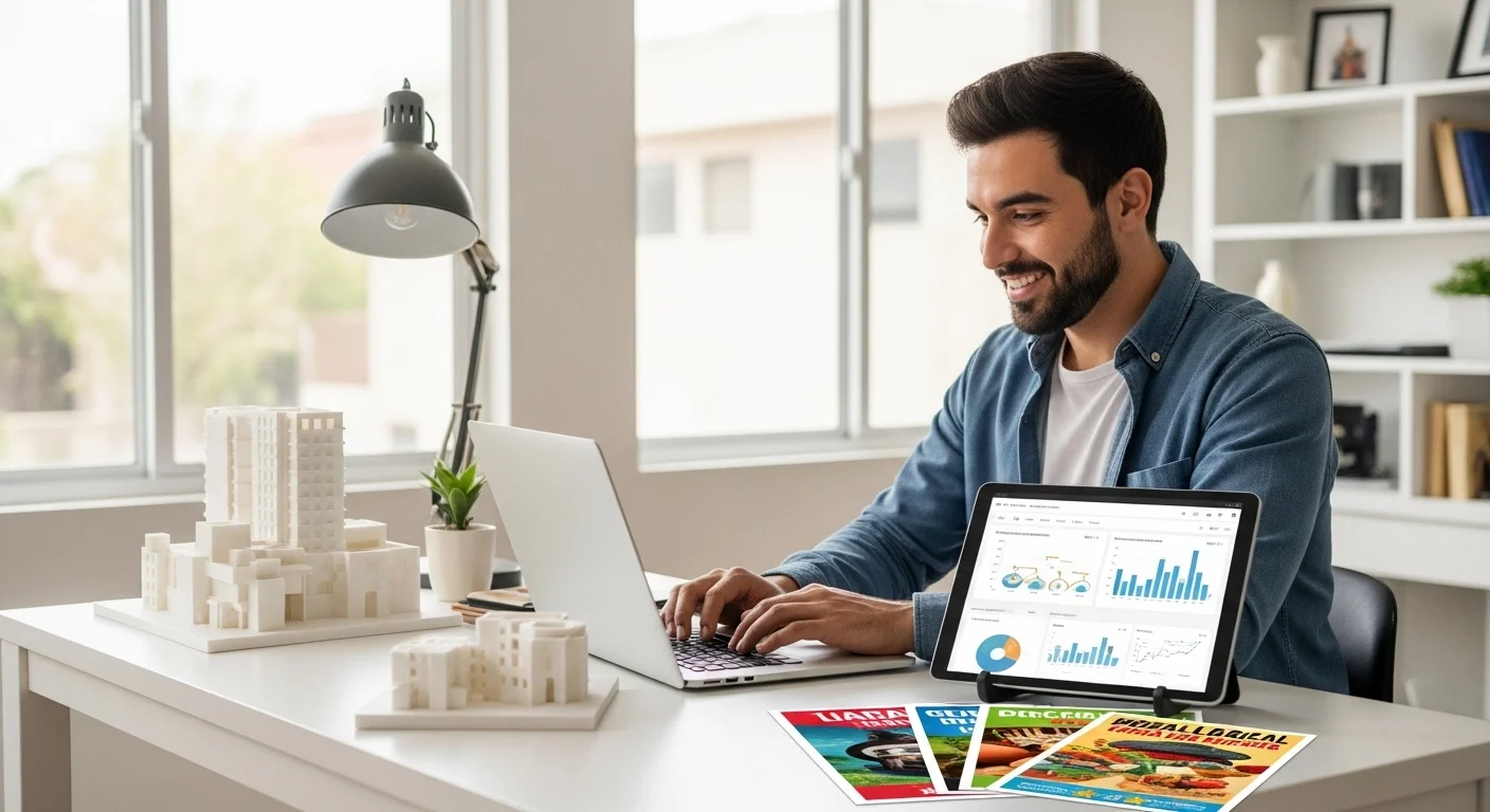 Una persona trabajando desde casa en su laptop, rodeada de elementos que simbolizan diferentes modelos de negocio y emprendimiento en México.