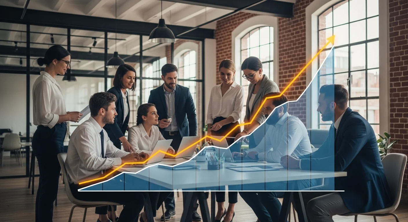 Gráfica de ganancias ascendente superpuesta sobre una imagen de un equipo de emprendedores en una startup en México.