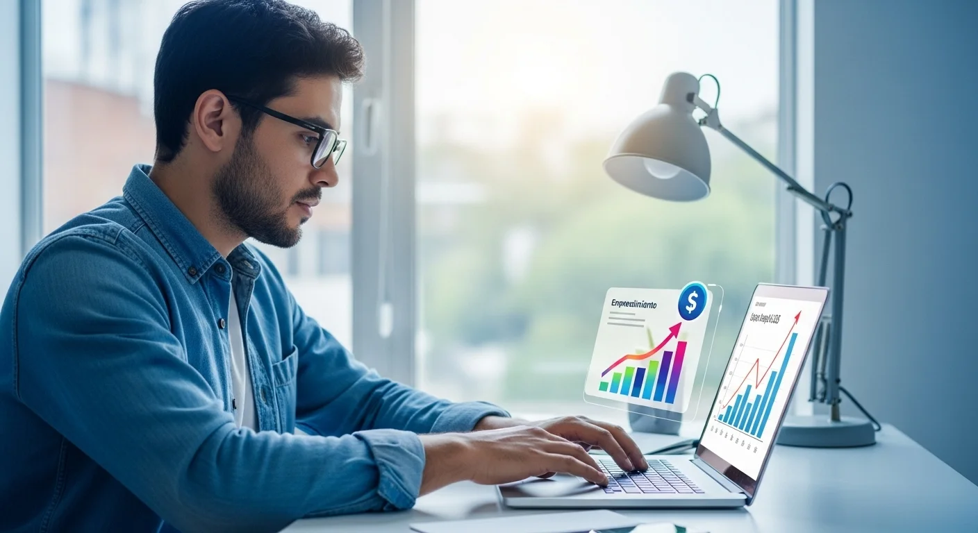 Emprendedor mexicano trabajando en su laptop, visualizando gráficos de crecimiento y el símbolo del dólar, representando el emprendimiento para ganar dolares