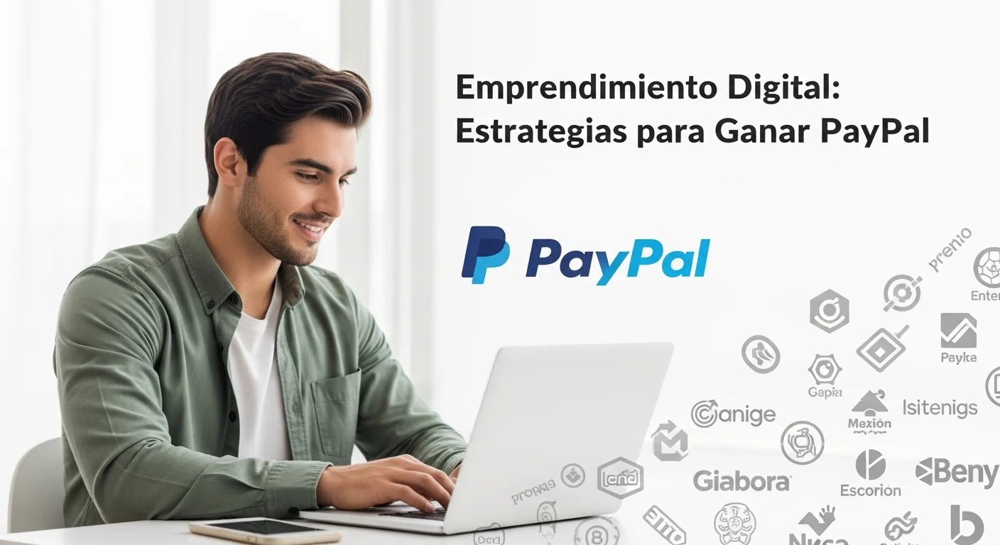 Una persona trabajando en una laptop con los logos de PayPal y varias startups mexicanas de fondo, simbolizando el emprendimiento digital.