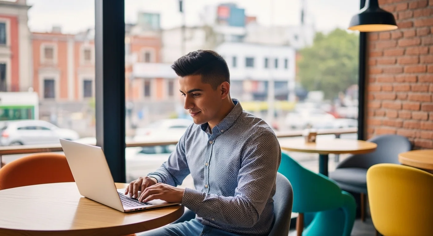 Una persona joven trabajando en una laptop en un café moderno en México, simbolizando el emprendimiento y las oportunidades para ganar plata online.