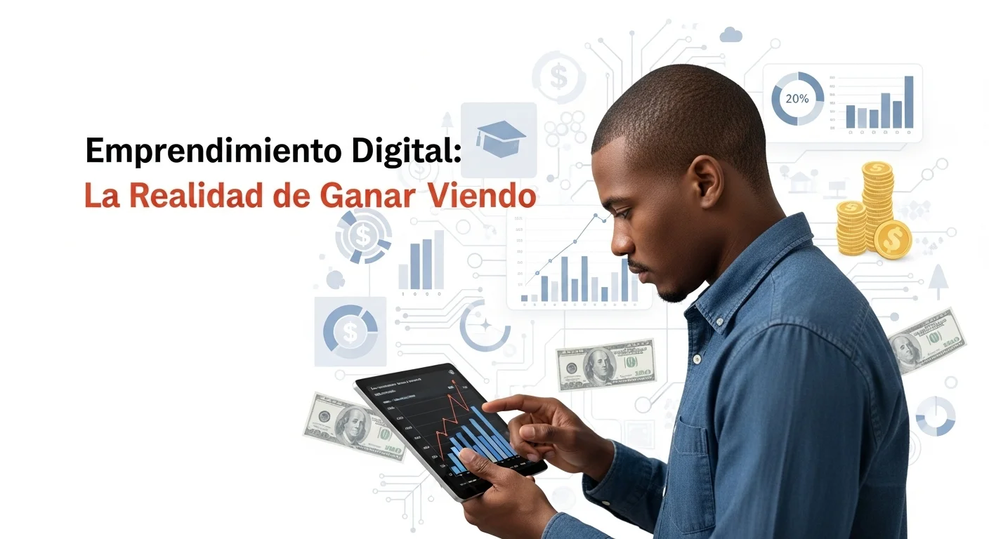 Una persona analizando gráficos de crecimiento en una tablet, con un fondo que mezcla iconografía de startups y billetes, simbolizando el análisis del emprendimiento sobre modelos como Ganar Viendo.