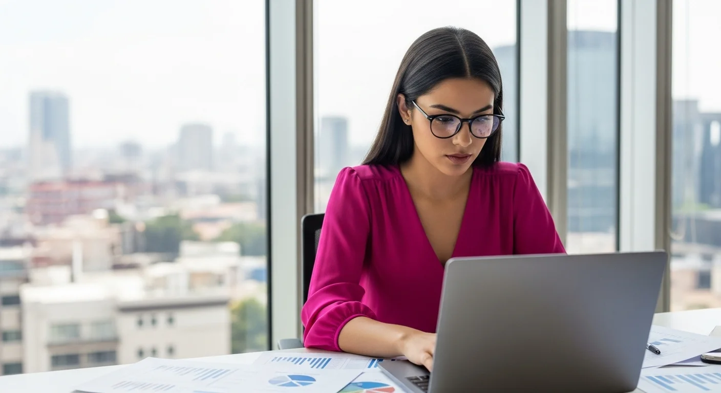 Una persona trabajando en su laptop en un entorno de oficina moderno, planeando estrategias de emprendimiento y generación de ingreso en México.