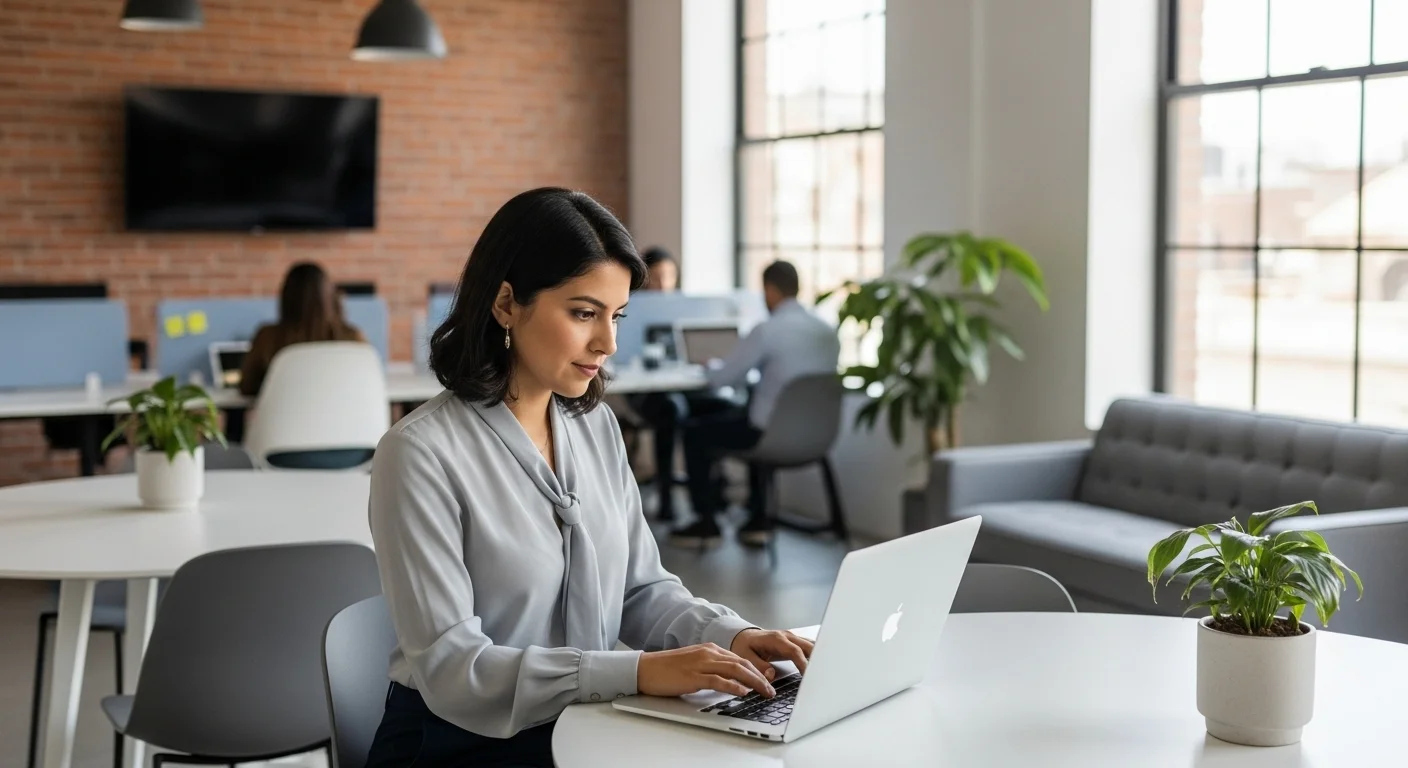 Una persona trabajando en su laptop en un espacio de coworking, simbolizando el emprendimiento moderno y la generación de ingresos par a través de startups en México.