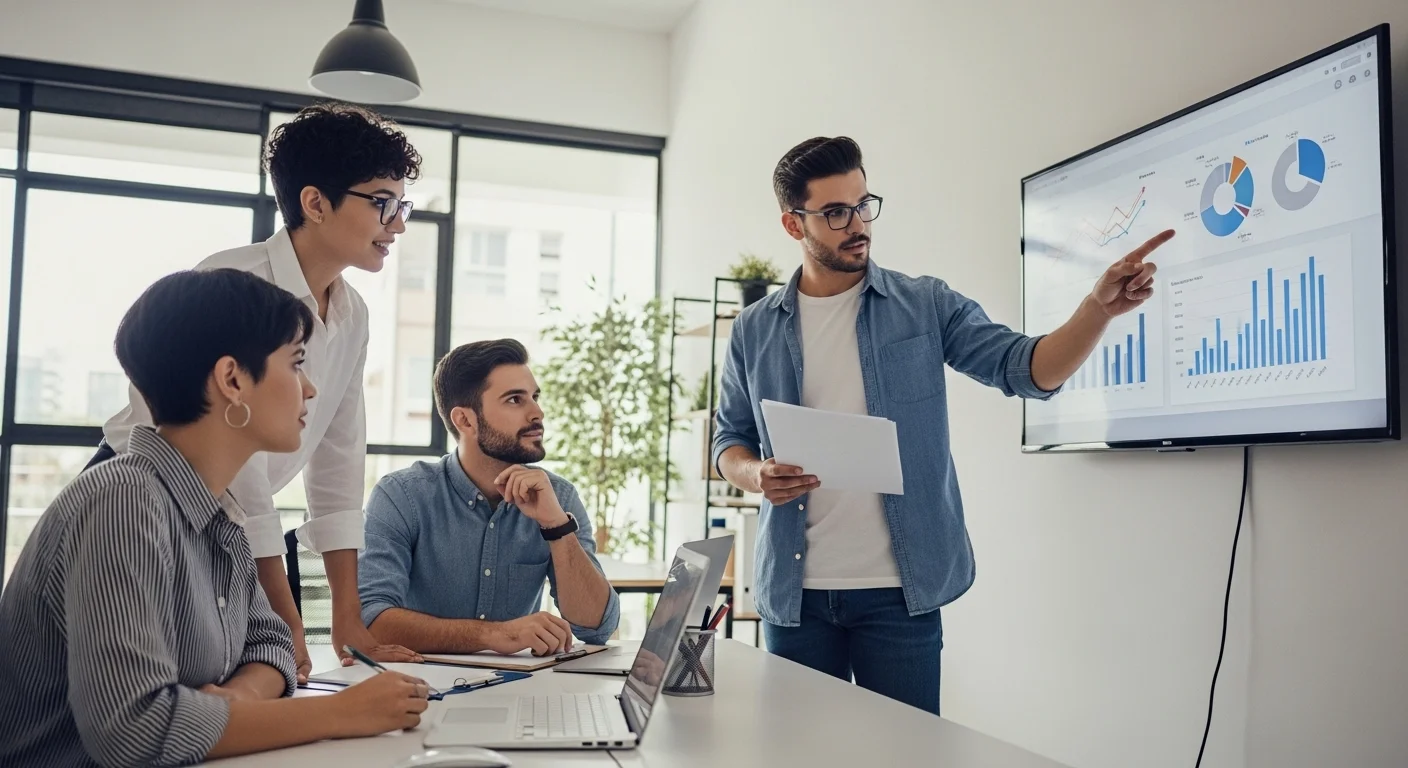 Un grupo de jóvenes emprendedores colaborando en una oficina moderna en México, discutiendo sobre gráficos de crecimiento para generar ingresos.