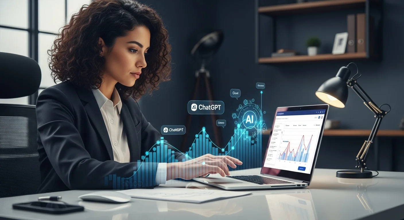 Una emprendedora mexicana utilizando una laptop con la interfaz de ChatGPT para planificar la estrategia de su startup, con gráficos de crecimiento superpuestos.