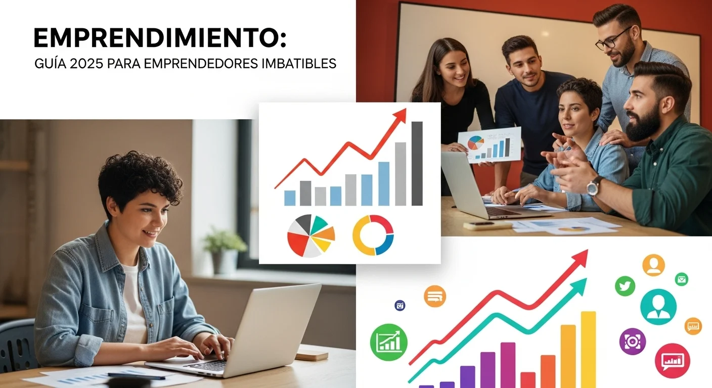 Collage de imágenes que representa el emprendimiento y las startups en México, con jóvenes emprendedores colaborando, un emprendedor digital usando una laptop y gráficos de crecimiento.