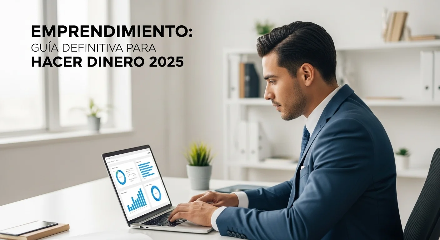 Guía sobre emprendimiento y formas de hacer dinero en México, con una persona trabajando en su laptop.