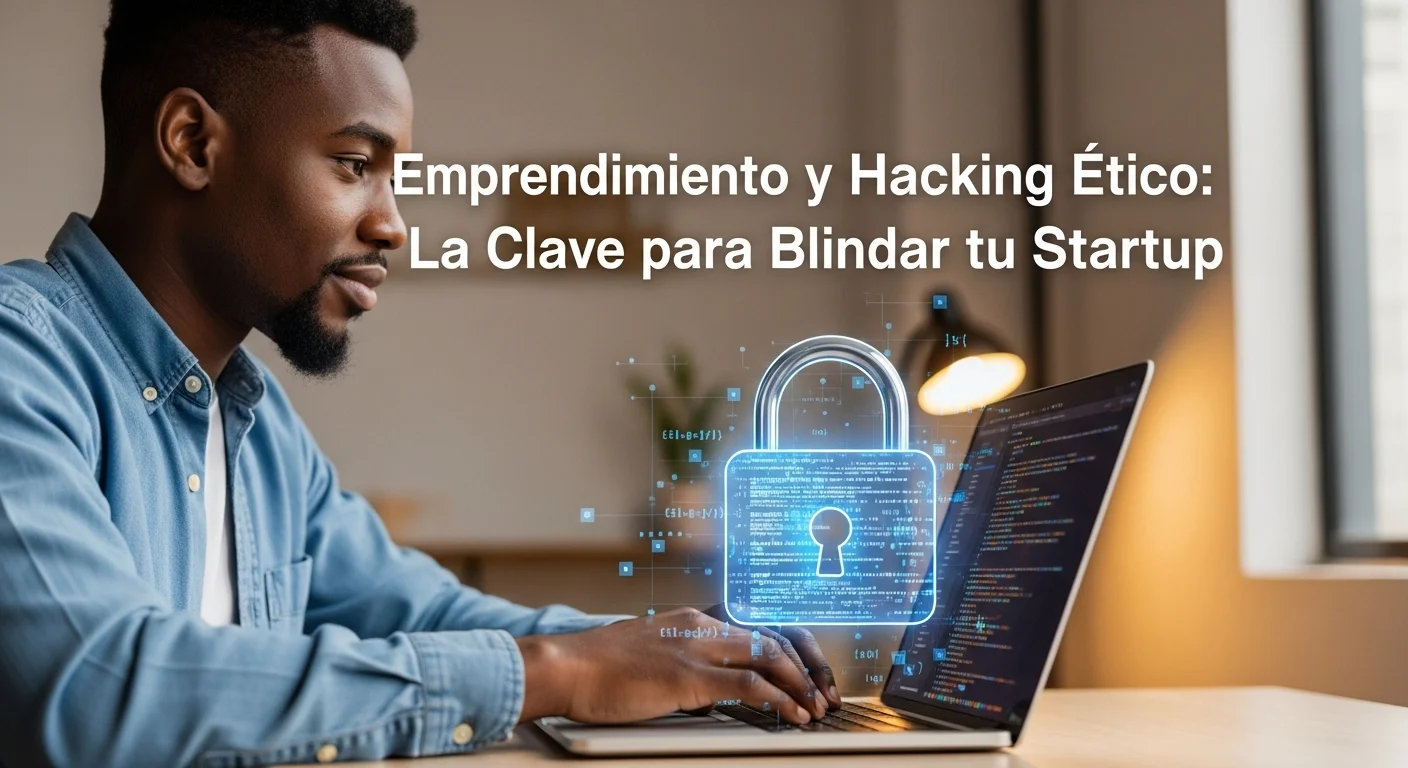 Un emprendedor trabajando en su laptop que muestra código, con un candado digital superpuesto, simbolizando la ciberseguridad en startups.