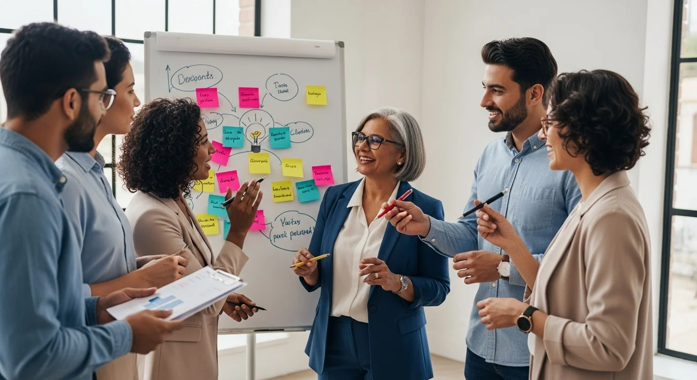 Equipo de emprendedores colaborando en una startup, discutiendo ideas de negocios frente a una pizarra con notas adhesivas, simbolizando innovación y emprendimiento.