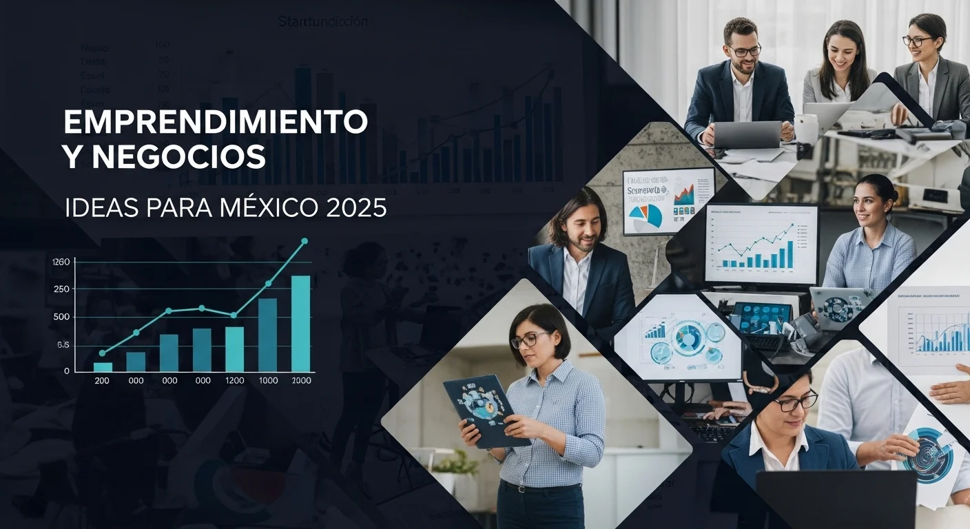 Collage de imágenes representando diversas ideas de negocios y emprendimiento en México, con gráficos de crecimiento y personas colaborando en una startup.
