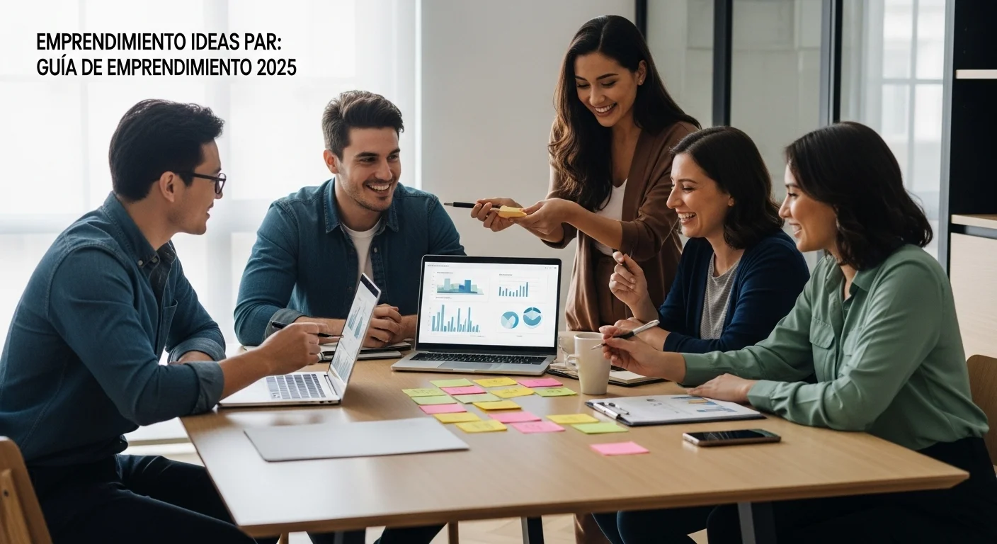 Jóvenes emprendedores colaborando en una startup, discutiendo Emprendimiento Ideas Par sobre una mesa con una laptop y notas adhesivas.