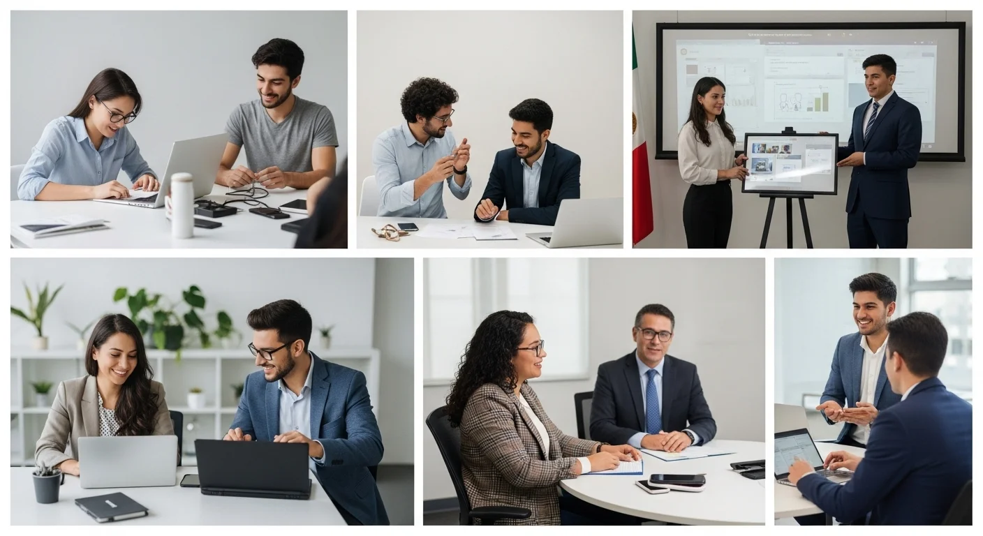 Collage de imágenes que representan el emprendimiento en México, mostrando startups, jóvenes emprendedores y tecnología.