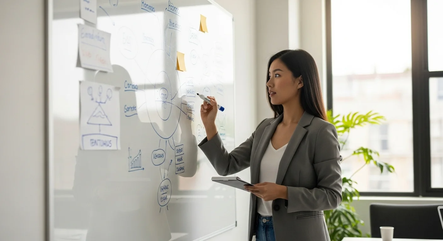 Una persona desarrollando emprendimiento ideas en una pizarra blanca, simbolizando la creación de una startup.