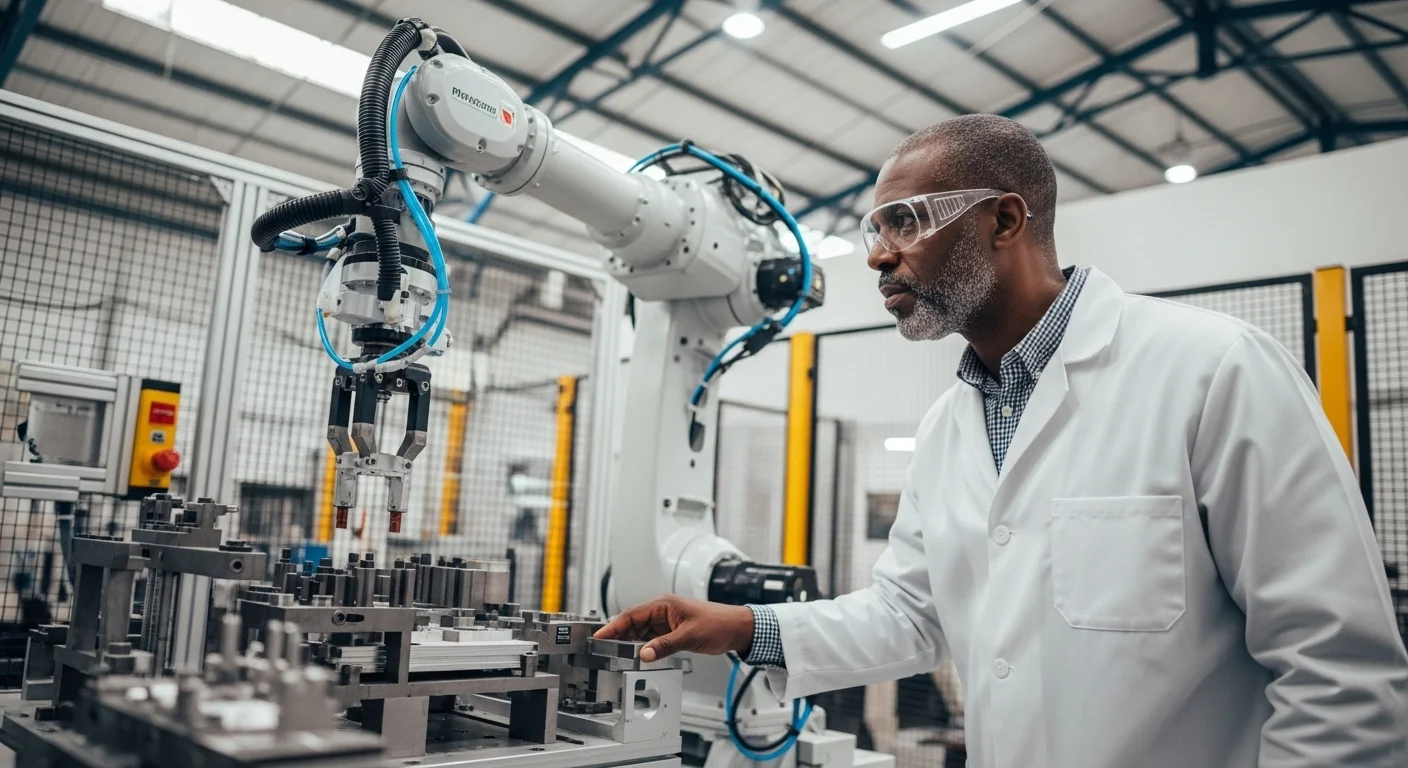 Ingeniero supervisando un brazo robótico en una moderna planta industrial, representando el emprendimiento y las startups en el sector.