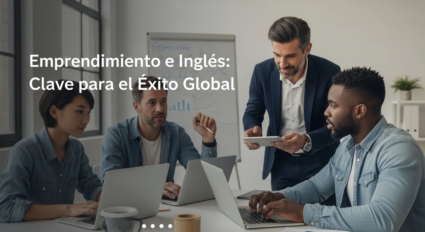 Emprendedores de diversas nacionalidades colaborando en una oficina moderna, simbolizando la importancia del inglés en el emprendimiento y los negocios globales.