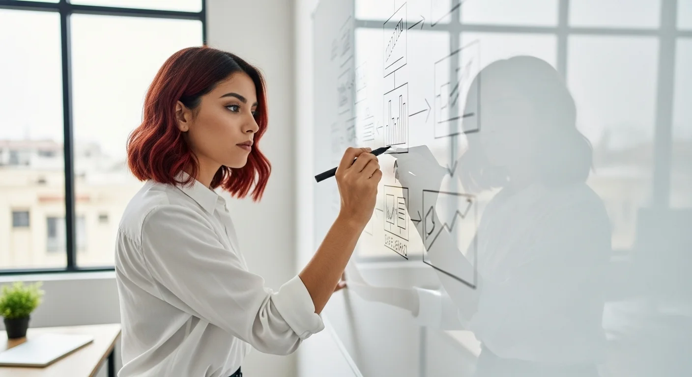 Una persona dibujando un plan de negocios en una pizarra, simbolizando el emprendimiento y los pasos para iniciar un negocio.