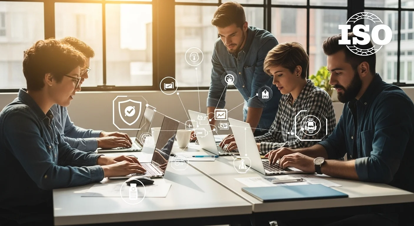 Emprendedores en una startup mexicana colaborando en una oficina moderna, con íconos de seguridad y el logo de ISO superpuestos, simbolizando la ciberseguridad y el emprendimiento.