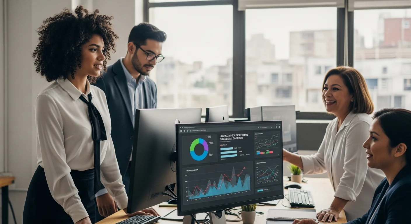 Una imagen dinámica que muestra a un grupo diverso de emprendedores latinos colaborando frente a pantallas con gráficos de crecimiento y datos de fintech, simbolizando la revolución digital y el emprendimiento en Latina.